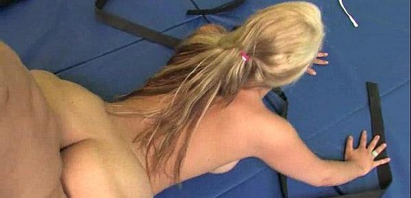  after a hard fuck Sara Vandella licks her Karate masters cum in the floor